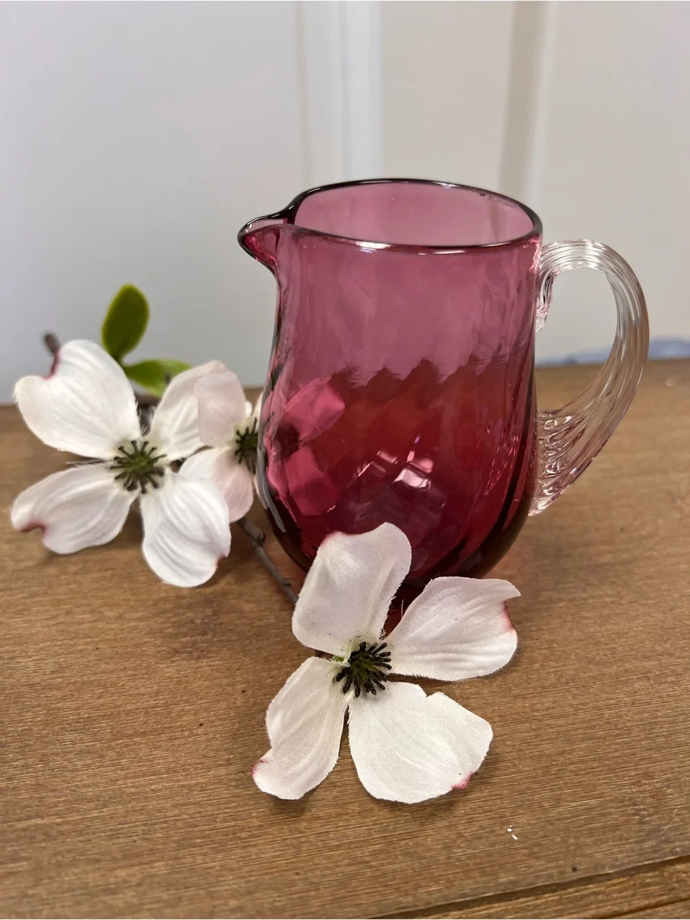 Handblown Cranberry Glass Creamer Pitcher with Clear Handle